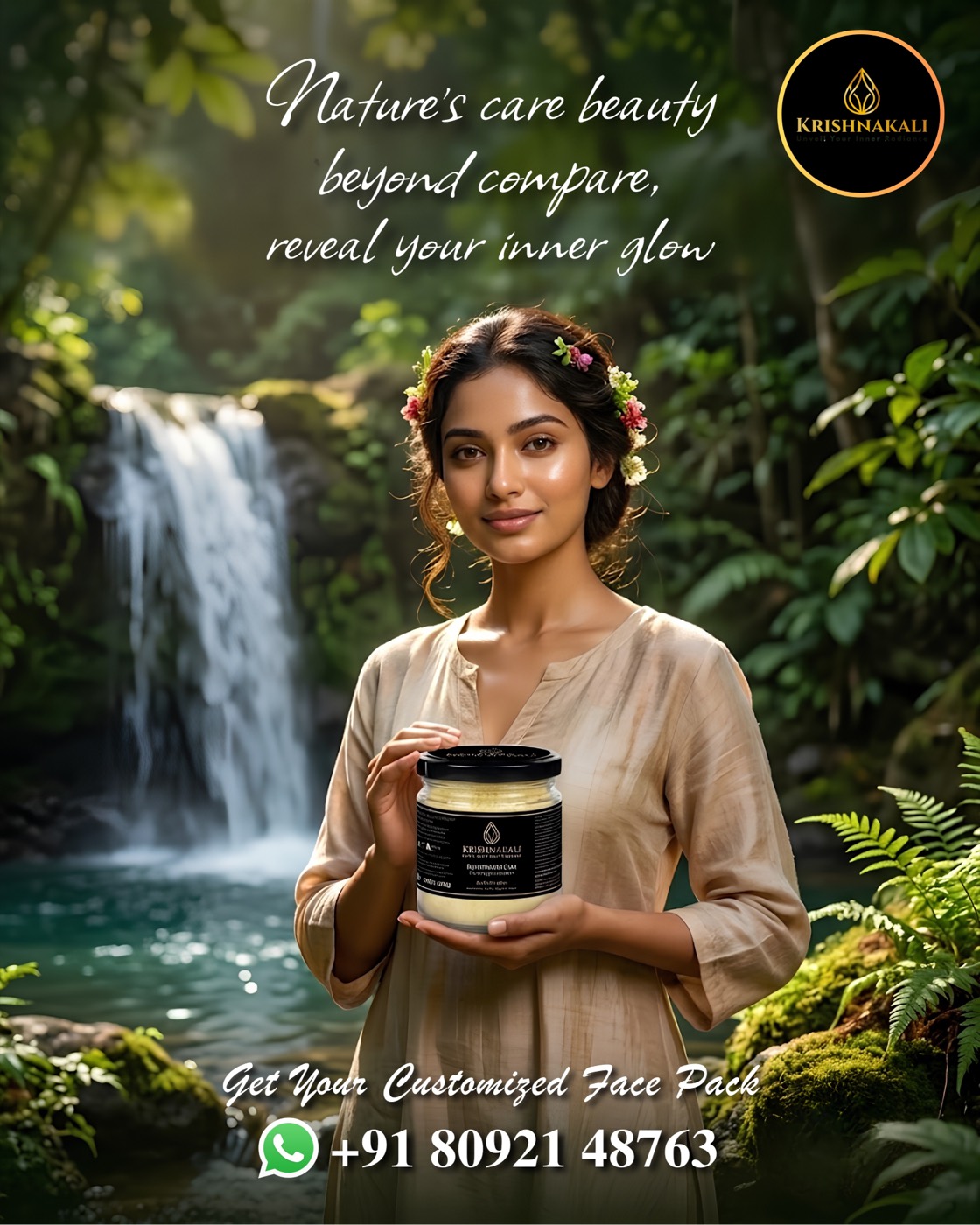 A woman with radiant skin holding a Krishnakali jar by a waterfall